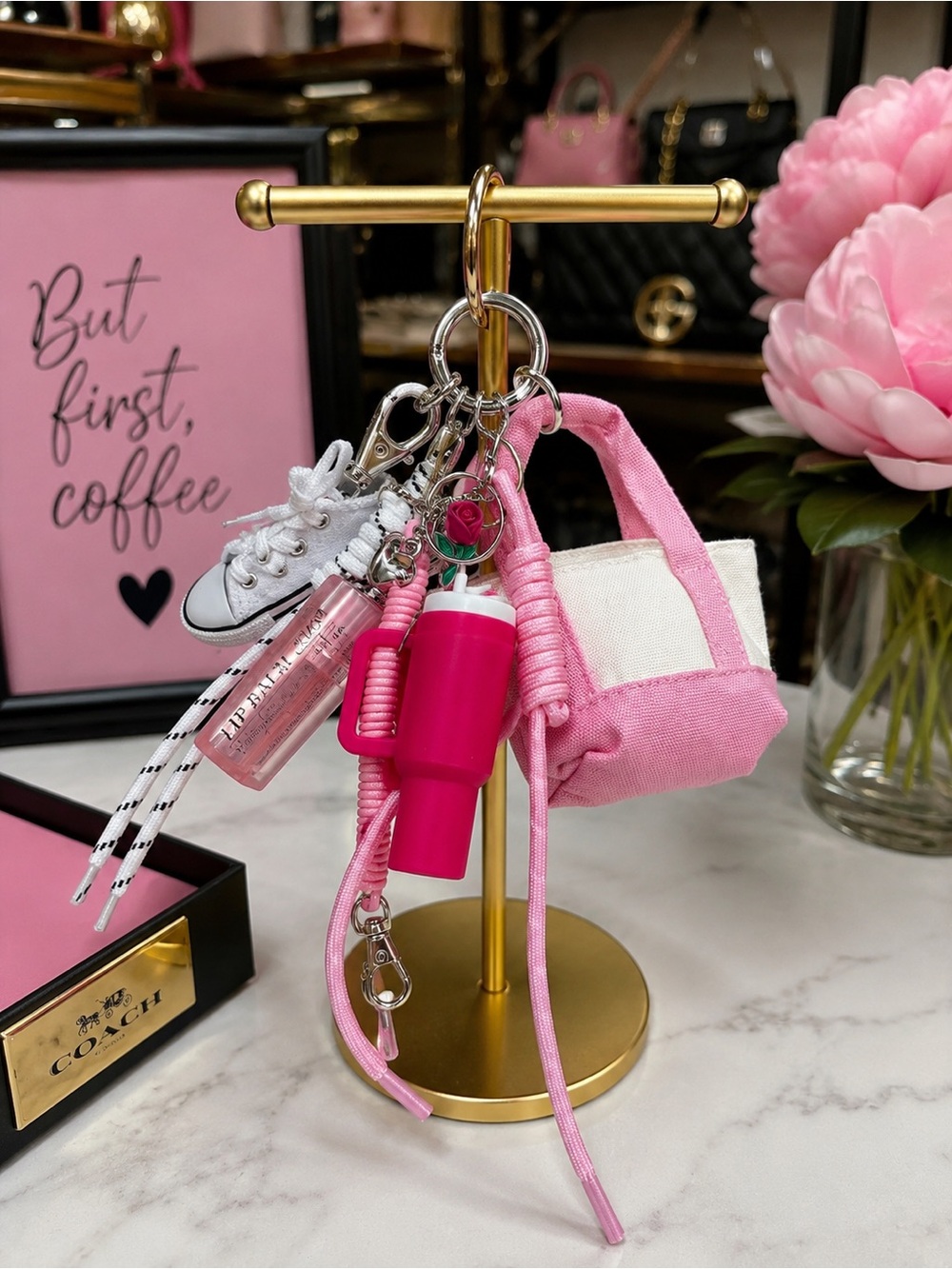 Pink Mini Tote & Charm Keychain Set w/ white shoe charm, pink mini cup, lippie